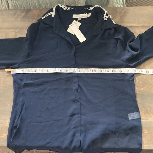 NWT Costa Blanca navy Blue sheer rhinestone collar top Sz-Small - Picture 9 of 13